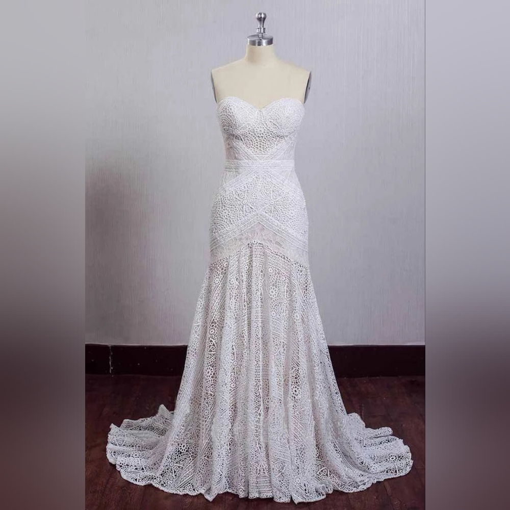 Boho Lace Mermaid Wedding Dress Size 6 Detachable Sleeves NWOT - Picture 4 of 8